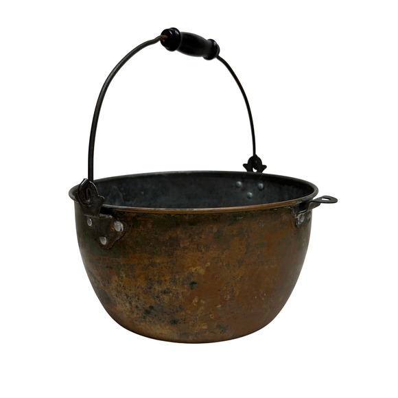 Revere Hammered Copper Apple Butter Kettle Wooden Handle Cauldron Antique - Picture 2 of 12